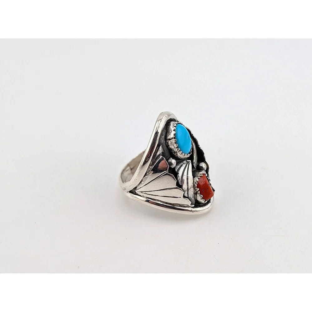 Navajo Men's Ring Sterling Turquoise Coral by J. Begay 9.75 Southwest Artisan***